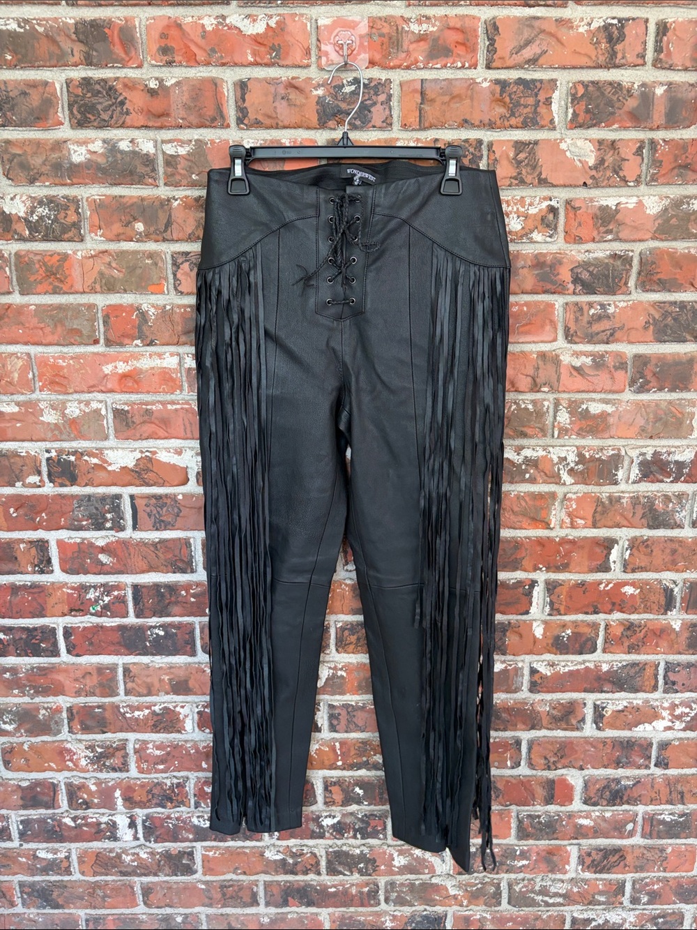 Fringe Lace-Up Faux Leather Pants - Black